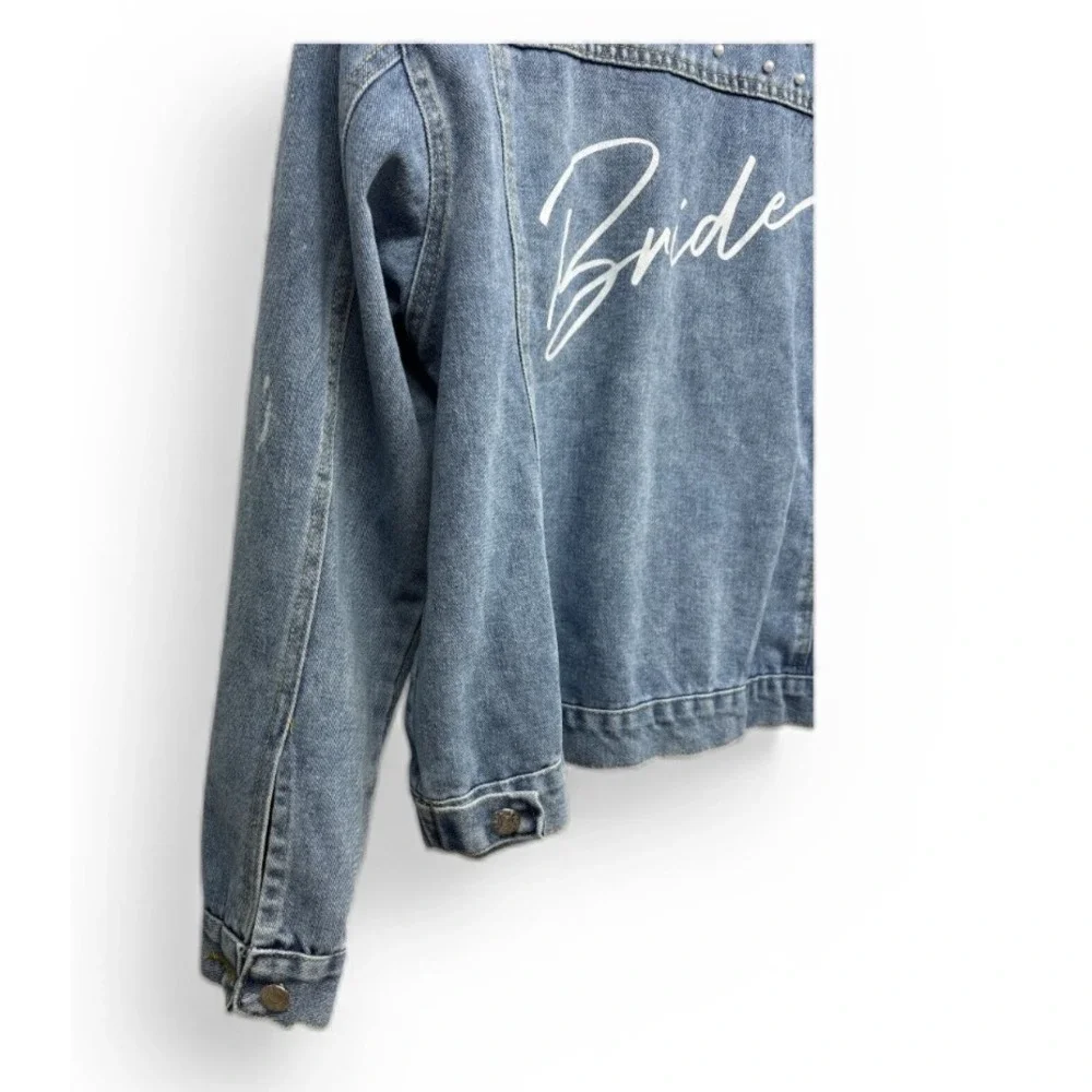 Bride Women's Denim Blue Jean Jacket With Pearls Wedding Bachelorette Sz XLarge - Picture 5 of 9